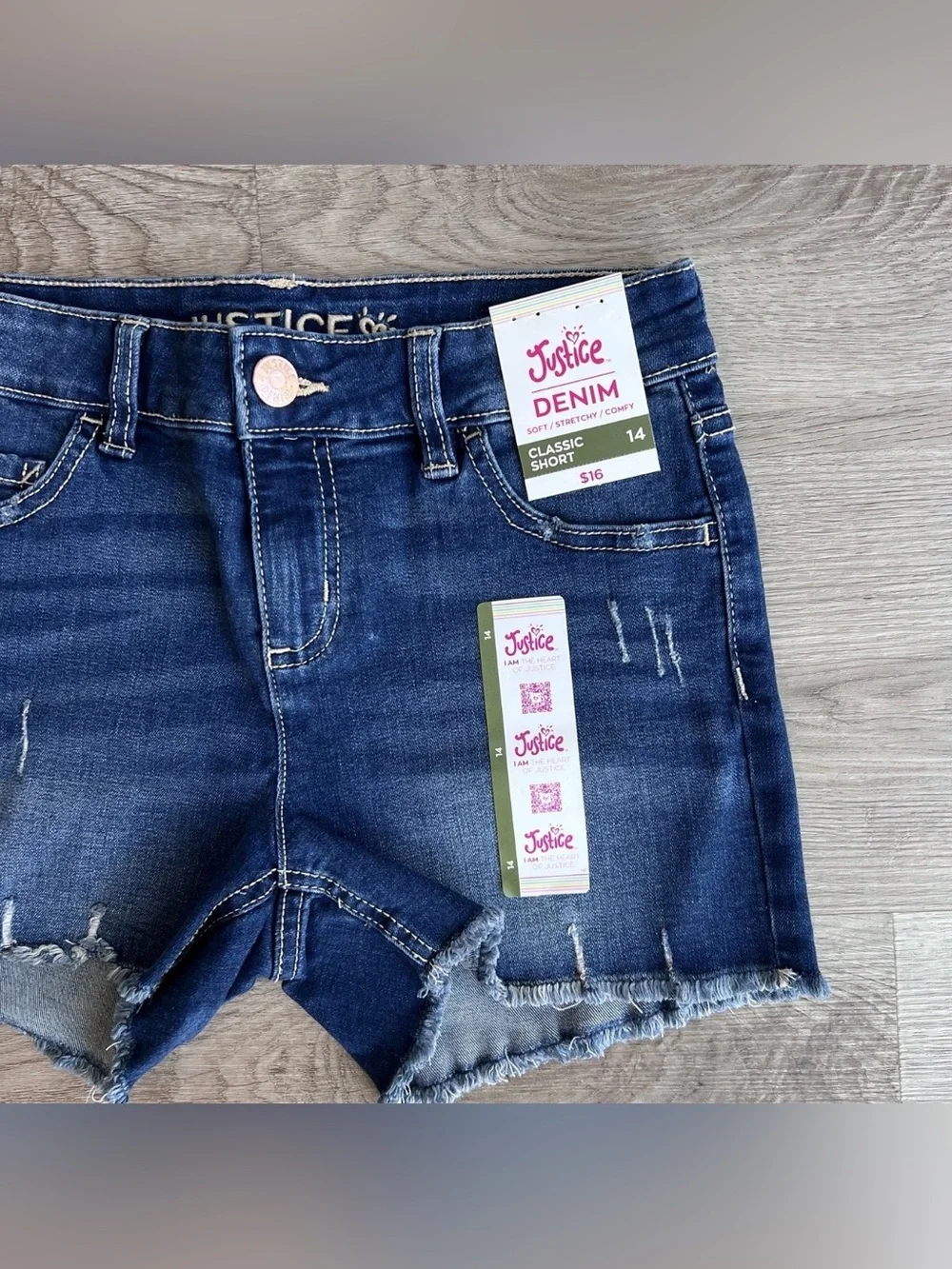 Justice Girls Distressed Classic Denim Jean Shorts Raw Hem Size 14 Soft Stretchy